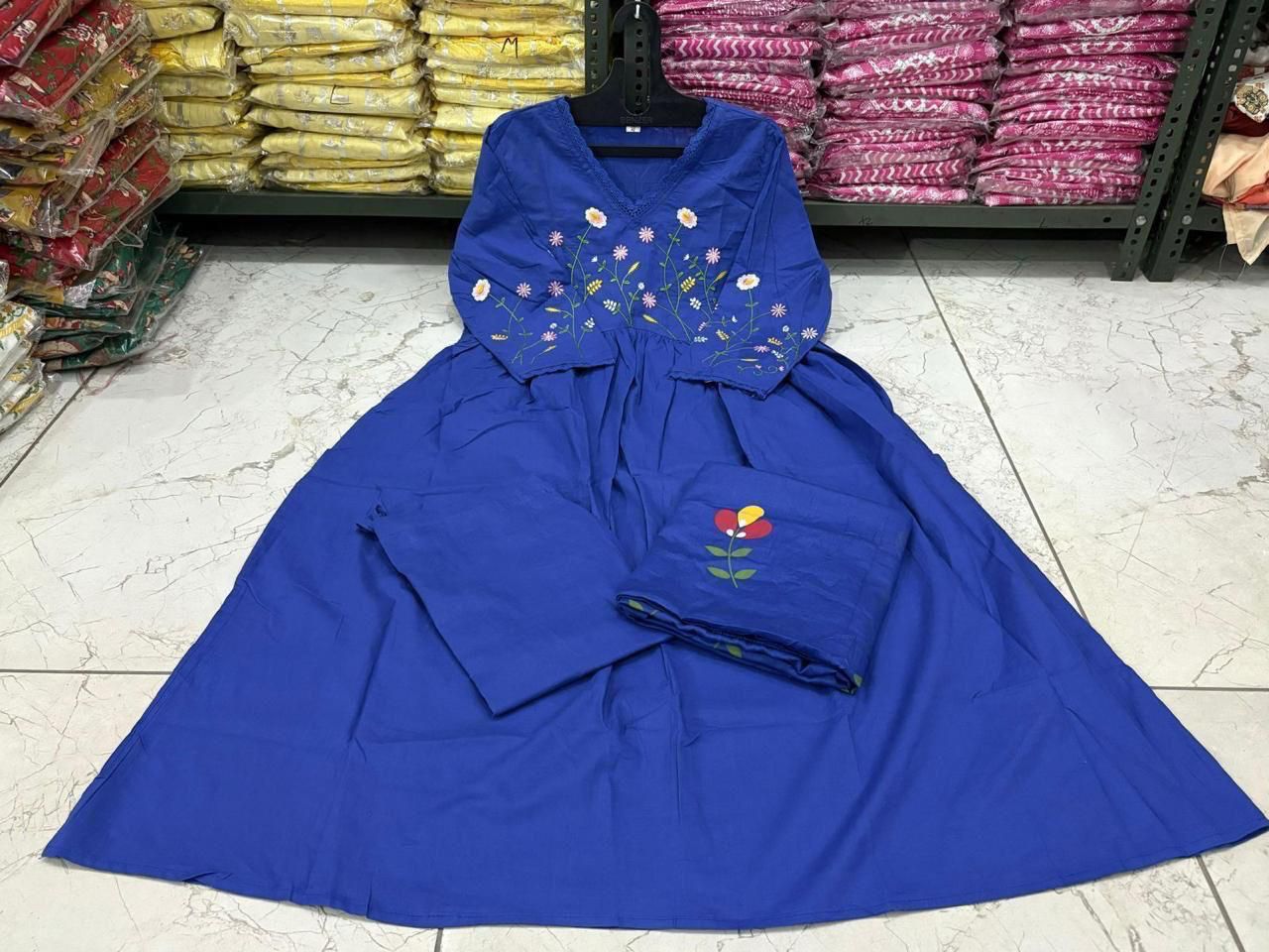 Women's Ethnic Wear: Brush Print Frock Kurta, Pant & Dupatta Combo