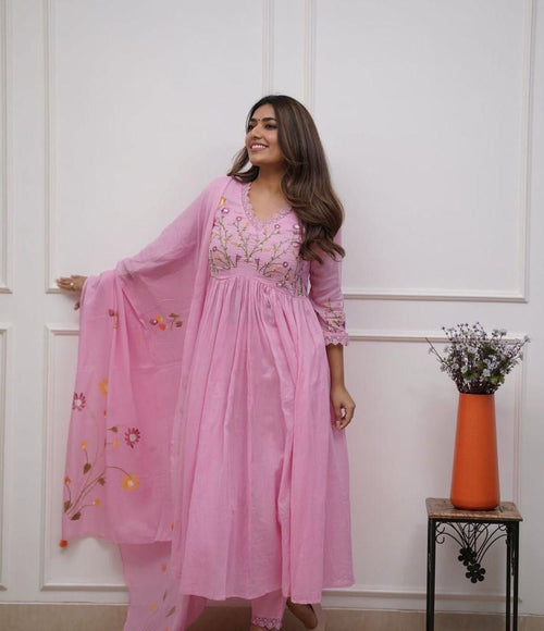 Women's Ethnic Wear: Brush Print Frock Kurta, Pant & Dupatta Combo