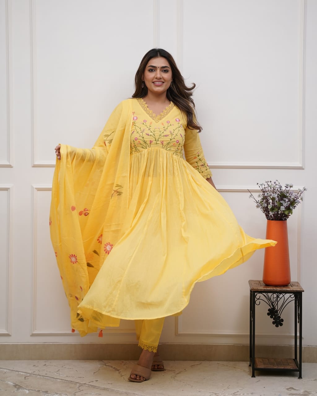 Women's Ethnic Wear: Yellow Brush Print Frock Kurta, Pant & Dupatta Combo Set