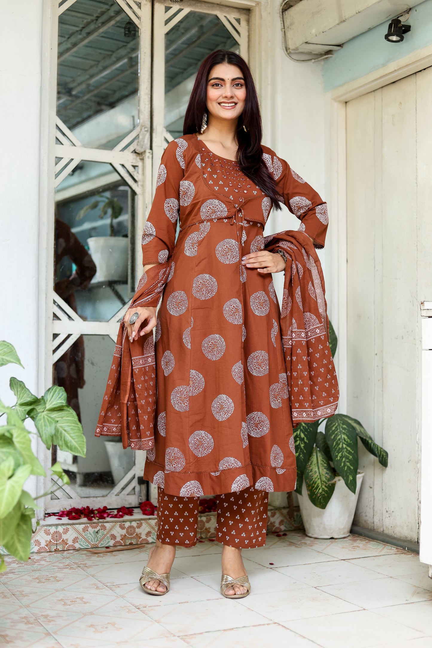 Earthy Elegance: Cocoa Brown Festive Kurti, Pant & Dupatta Set