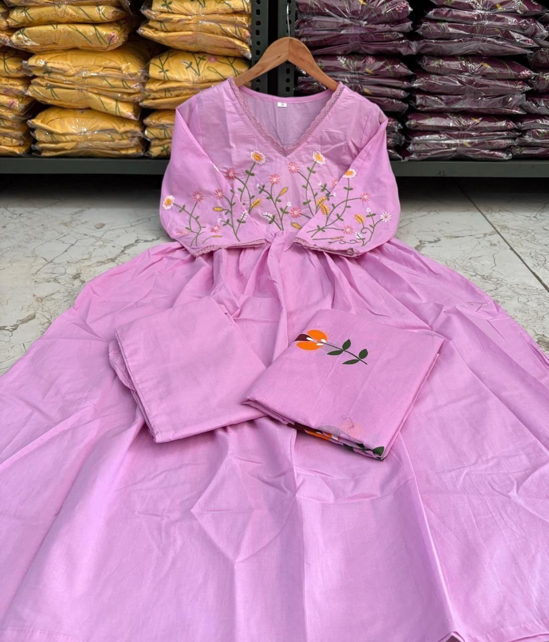 Women's Ethnic Wear: Brush Print Frock Kurta, Pant & Dupatta Combo