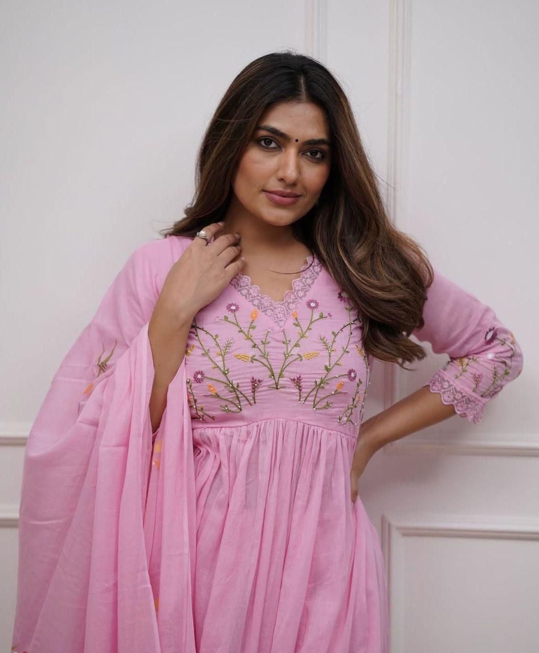 Women's Ethnic Wear: Brush Print Frock Kurta, Pant & Dupatta Combo