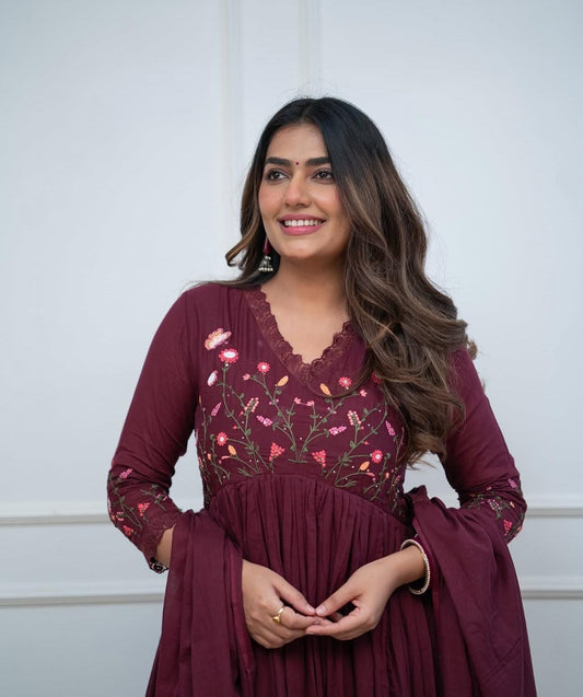 Women's Ethnic Wear: Brush Print Frock Kurta, Pant & Dupatta Combo