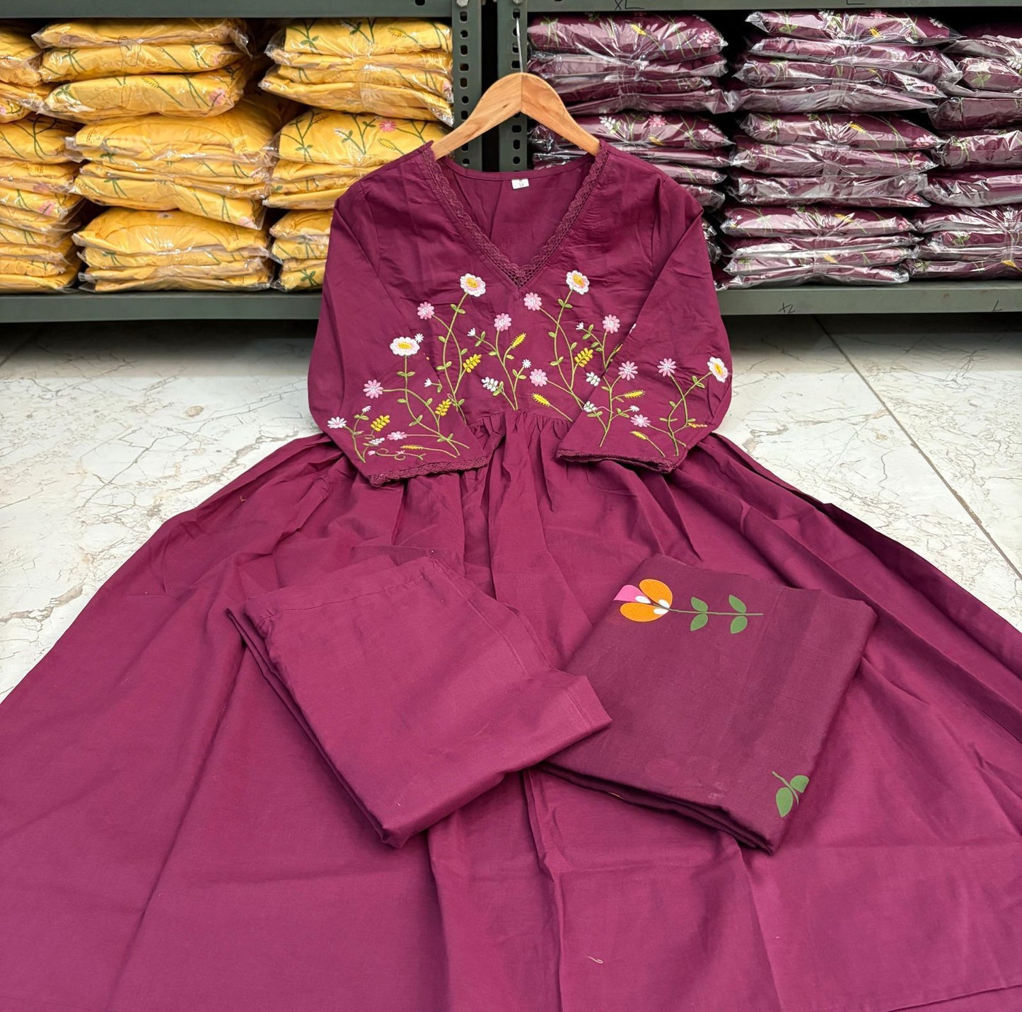 Women's Ethnic Wear: Brush Print Frock Kurta, Pant & Dupatta Combo