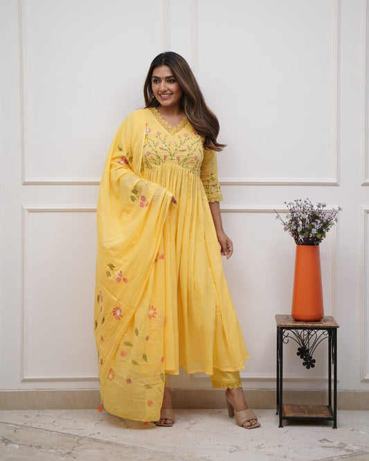 Women's Ethnic Wear: Yellow Brush Print Frock Kurta, Pant & Dupatta Combo Set
