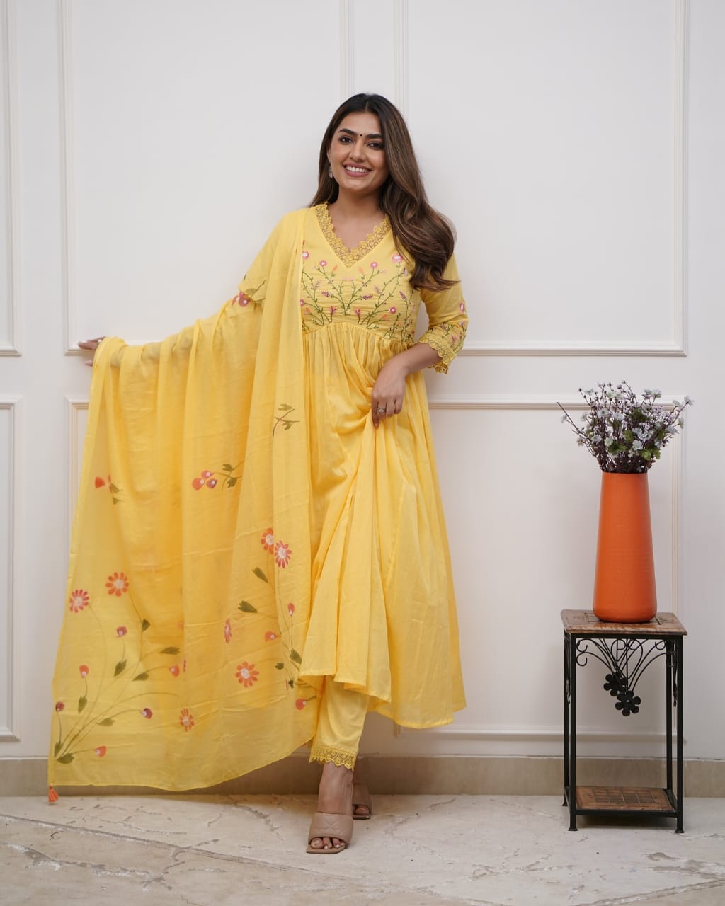 Women's Ethnic Wear: Yellow Brush Print Frock Kurta, Pant & Dupatta Combo Set