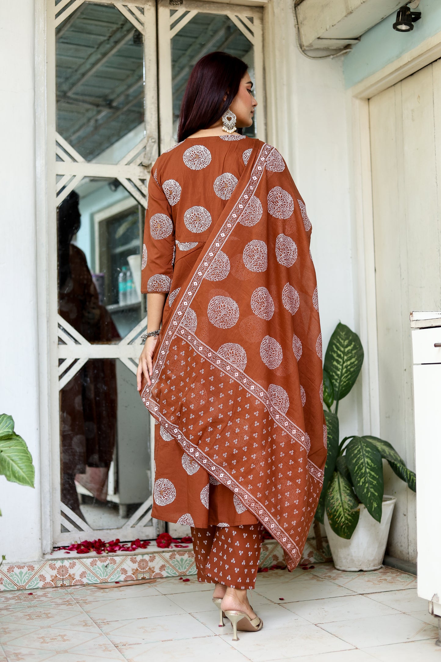 Earthy Elegance: Cocoa Brown Festive Kurti, Pant & Dupatta Set