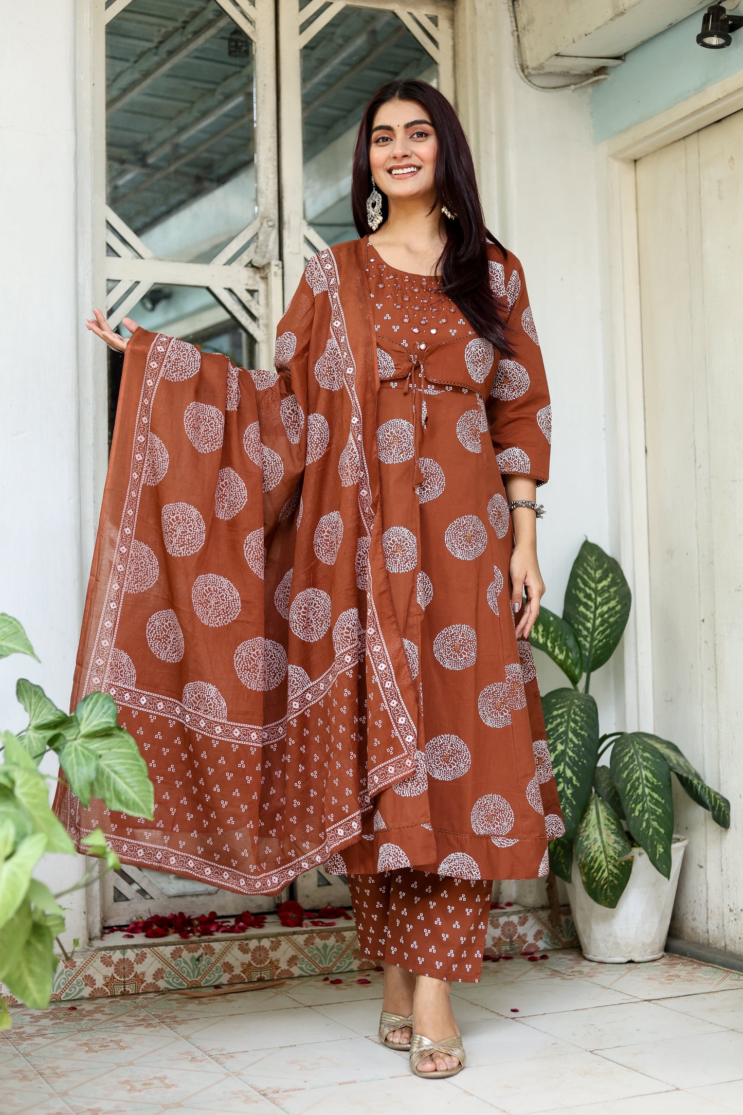 Earthy Elegance: Cocoa Brown Festive Kurti, Pant & Dupatta Set