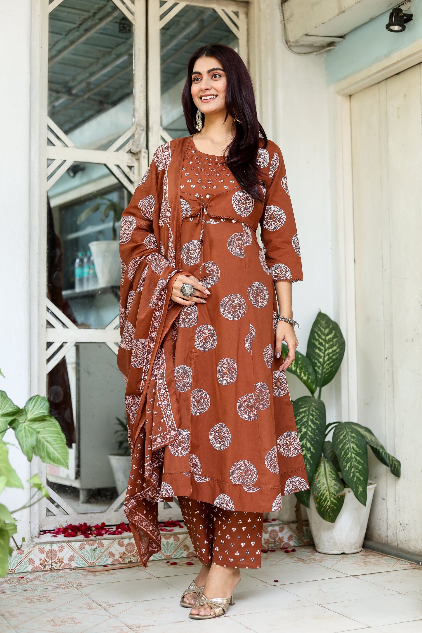 Earthy Elegance: Cocoa Brown Festive Kurti, Pant & Dupatta Set