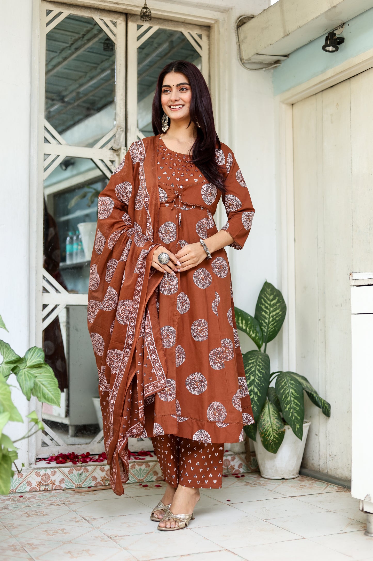 Earthy Elegance: Cocoa Brown Festive Kurti, Pant & Dupatta Set