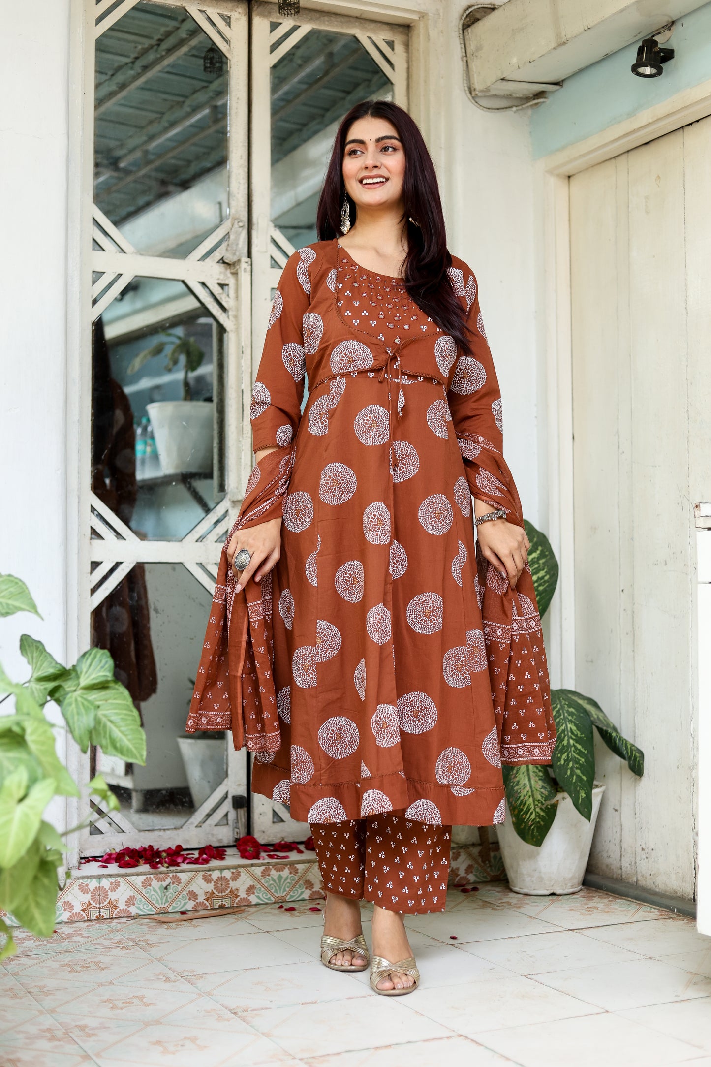 Earthy Elegance: Cocoa Brown Festive Kurti, Pant & Dupatta Set
