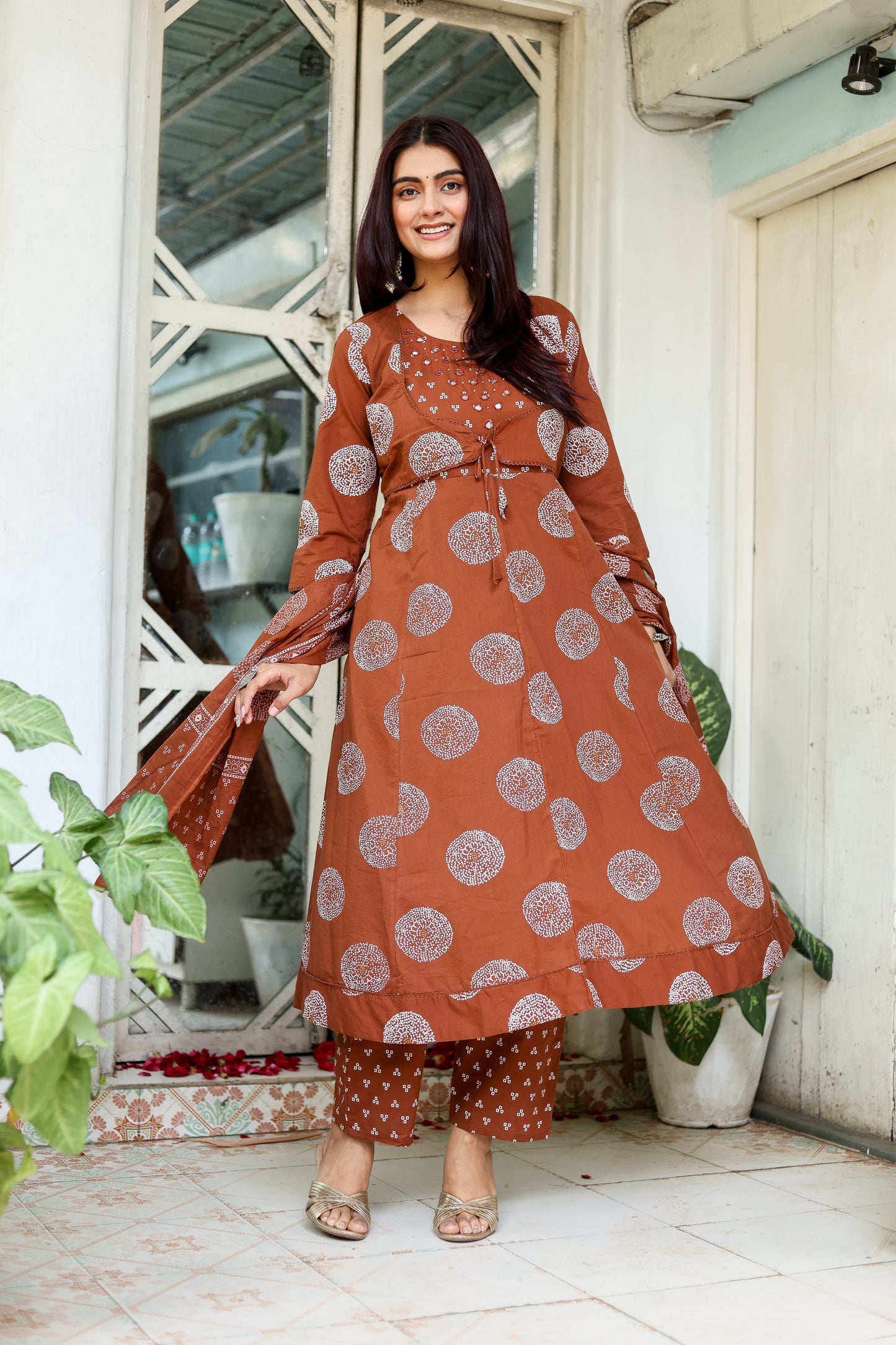 Earthy Elegance: Cocoa Brown Festive Kurti, Pant & Dupatta Set