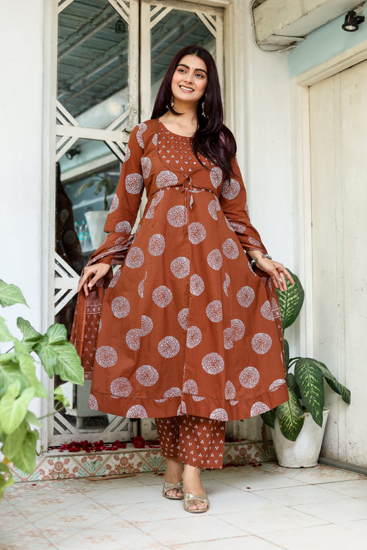 Earthy Elegance: Cocoa Brown Festive Kurti, Pant & Dupatta Set