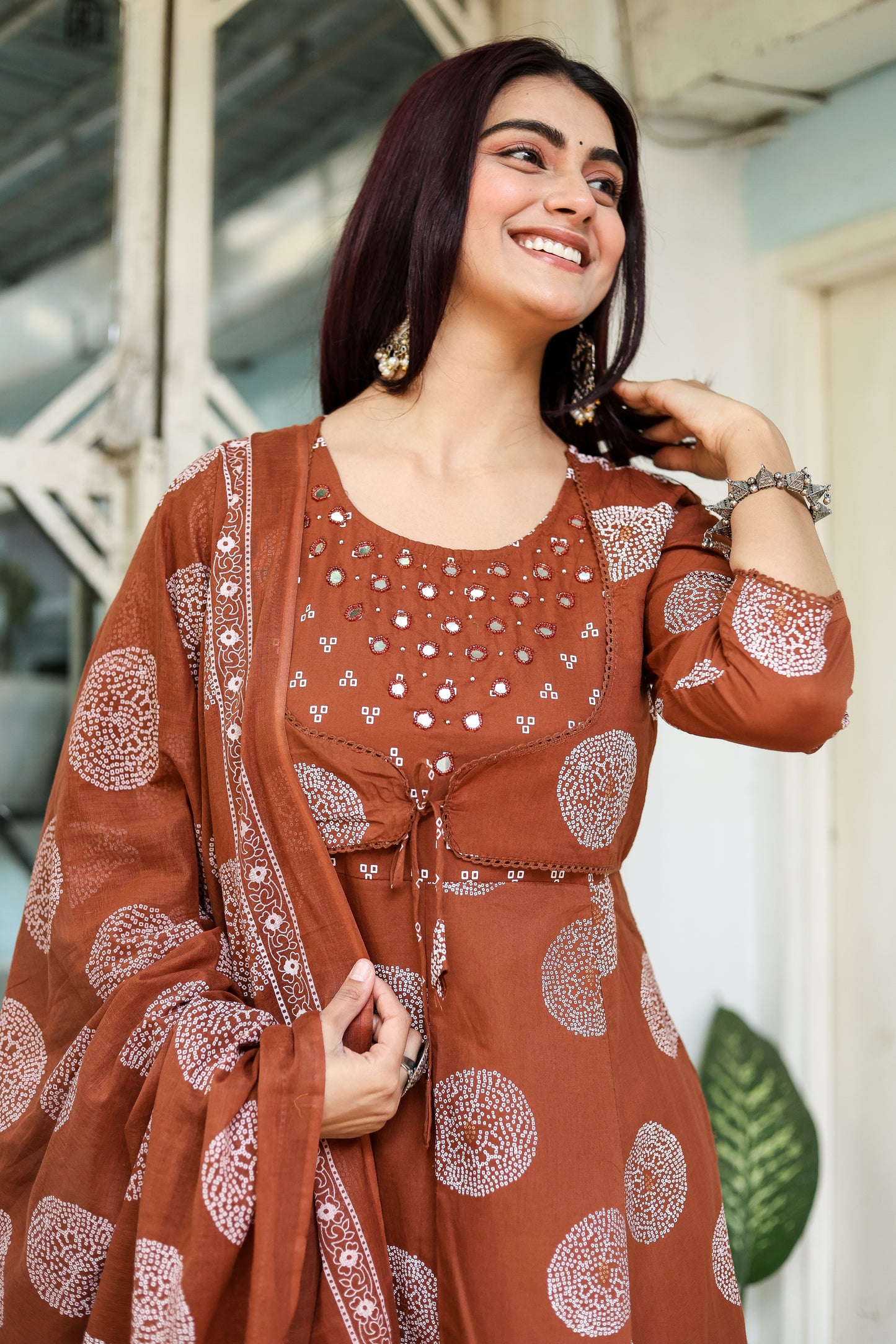 Earthy Elegance: Cocoa Brown Festive Kurti, Pant & Dupatta Set
