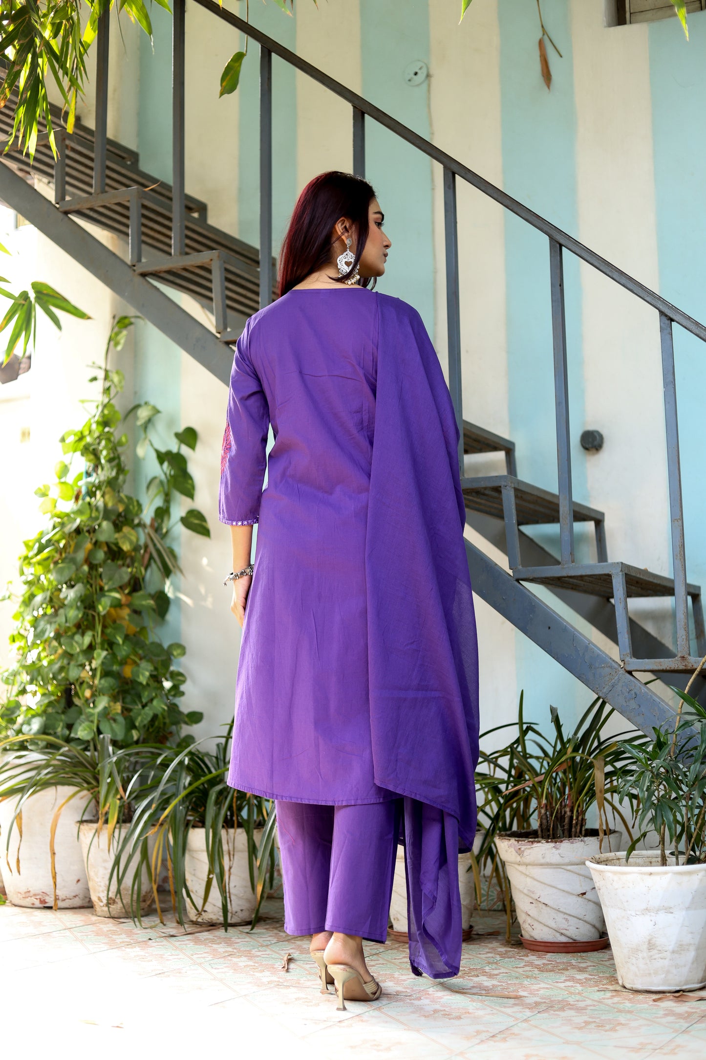 Wedding Guest Ensemble: Purple Elegant Mirrorwork Kurti, Pants, and Dupatta Set for Women