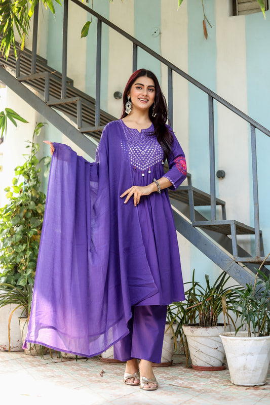 Wedding Guest Ensemble: Purple Elegant Mirrorwork Kurti, Pants, and Dupatta Set for Women