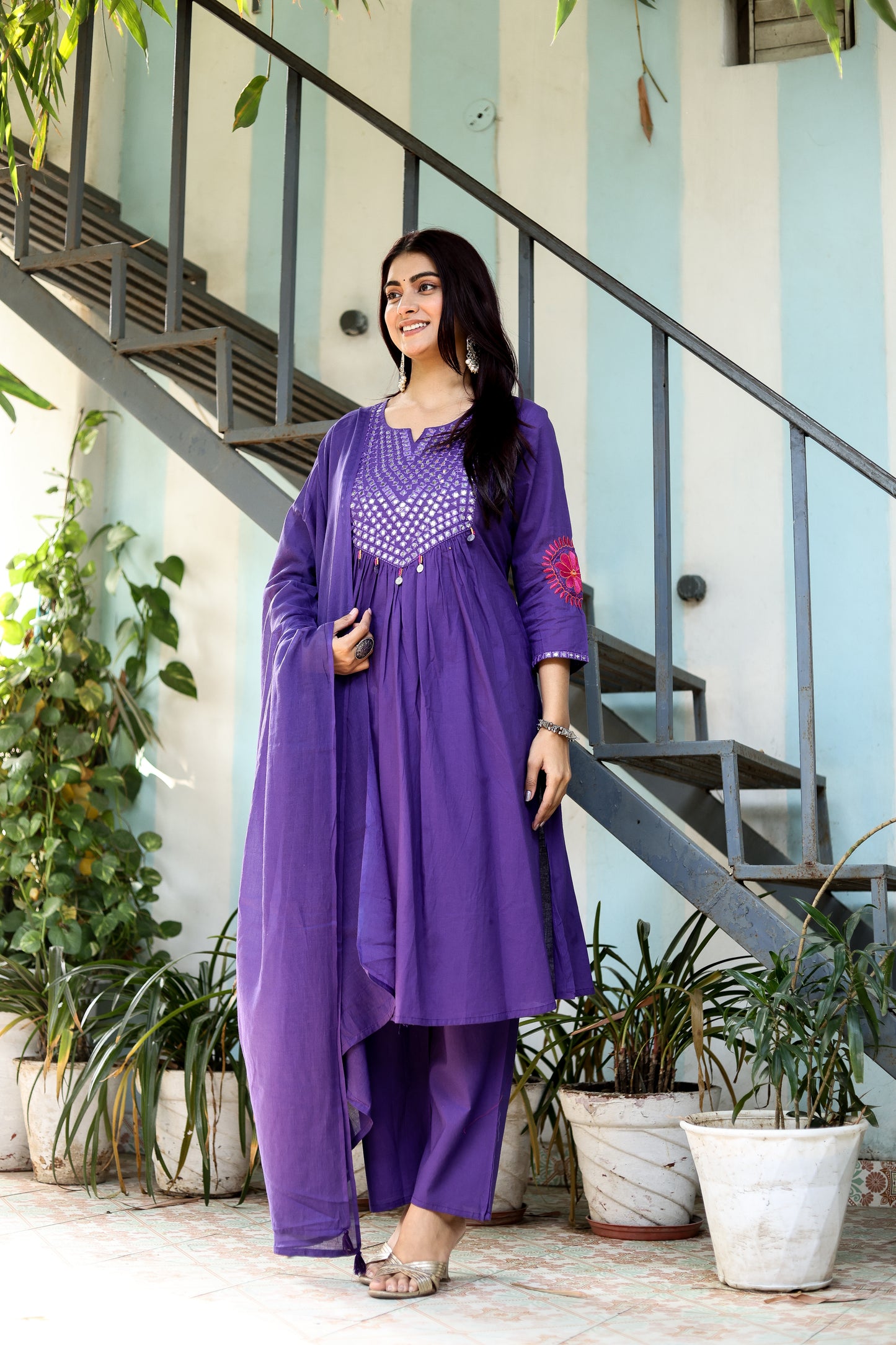 Wedding Guest Ensemble: Purple Elegant Mirrorwork Kurti, Pants, and Dupatta Set for Women