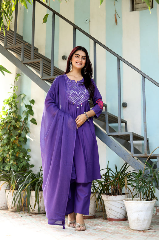 Wedding Guest Ensemble: Purple Elegant Mirrorwork Kurti, Pants, and Dupatta Set for Women