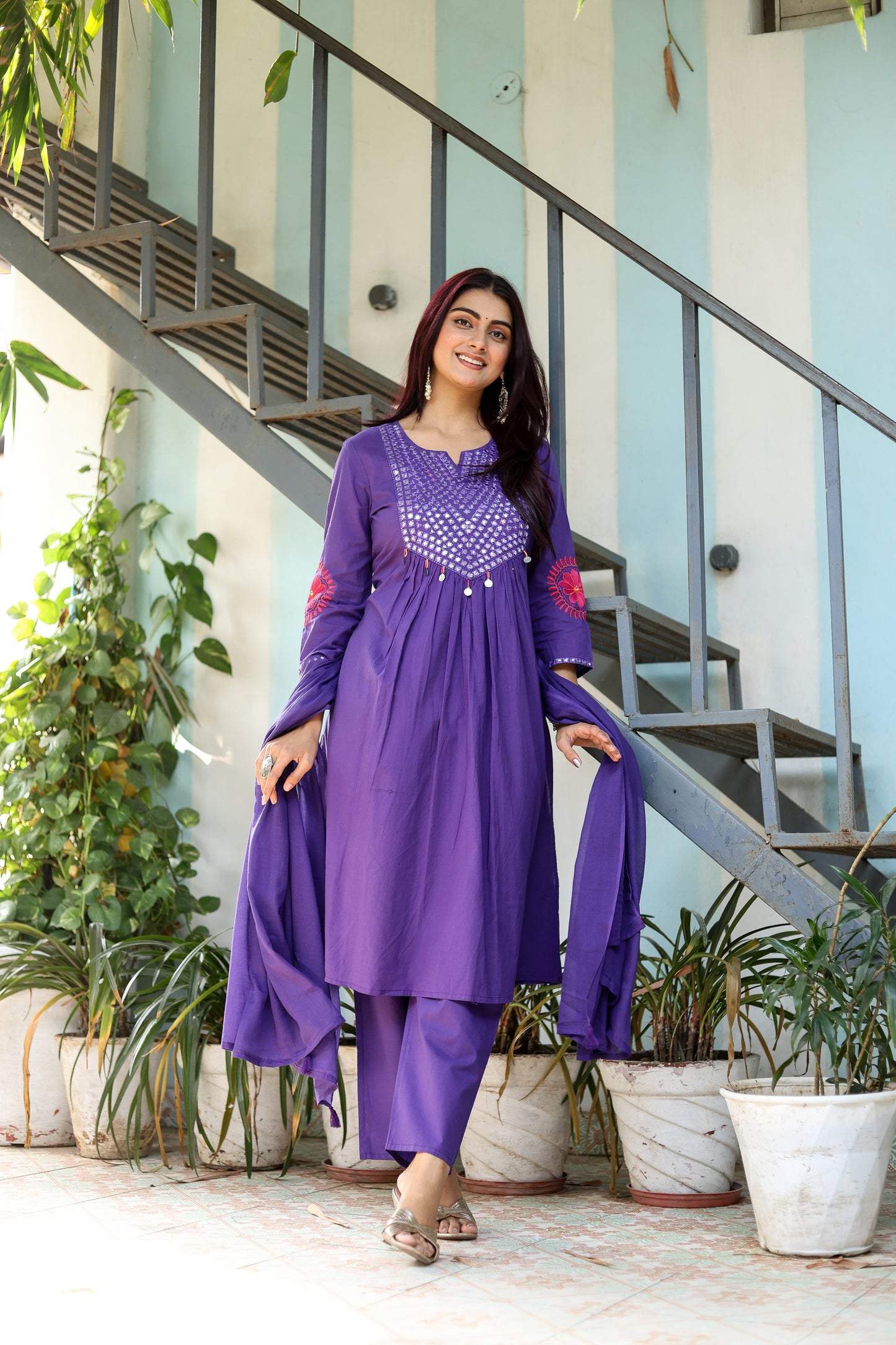 Wedding Guest Ensemble: Purple Elegant Mirrorwork Kurti, Pants, and Dupatta Set for Women