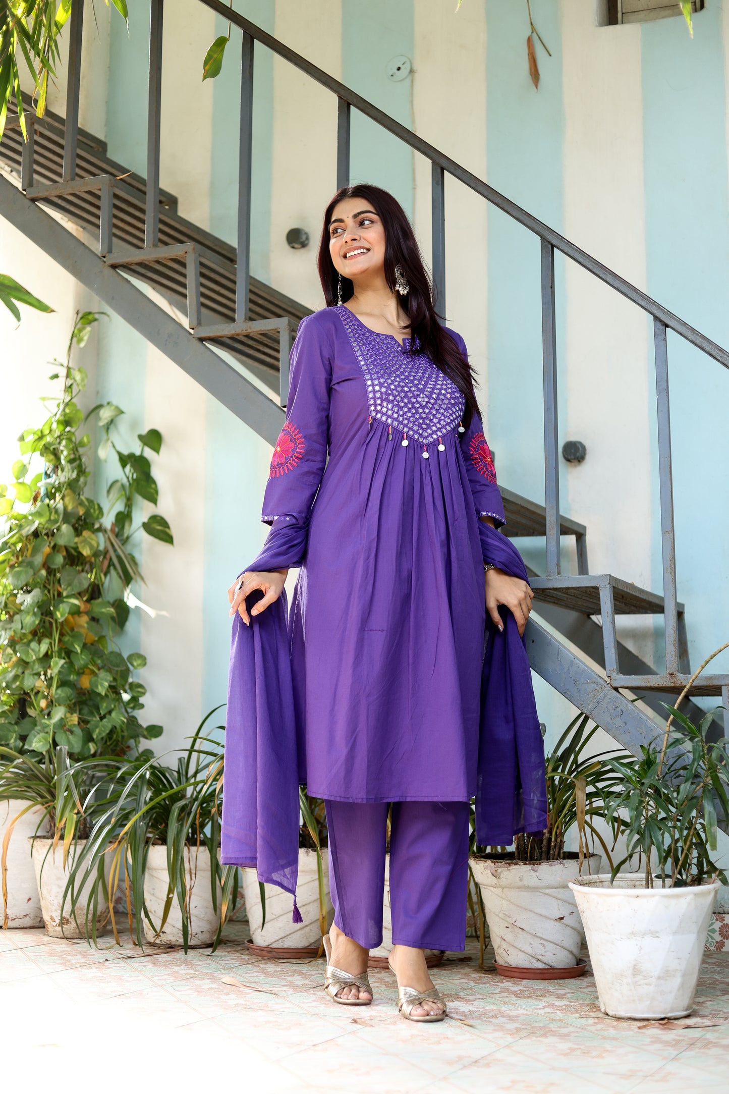 Wedding Guest Ensemble: Purple Elegant Mirrorwork Kurti, Pants, and Dupatta Set for Women