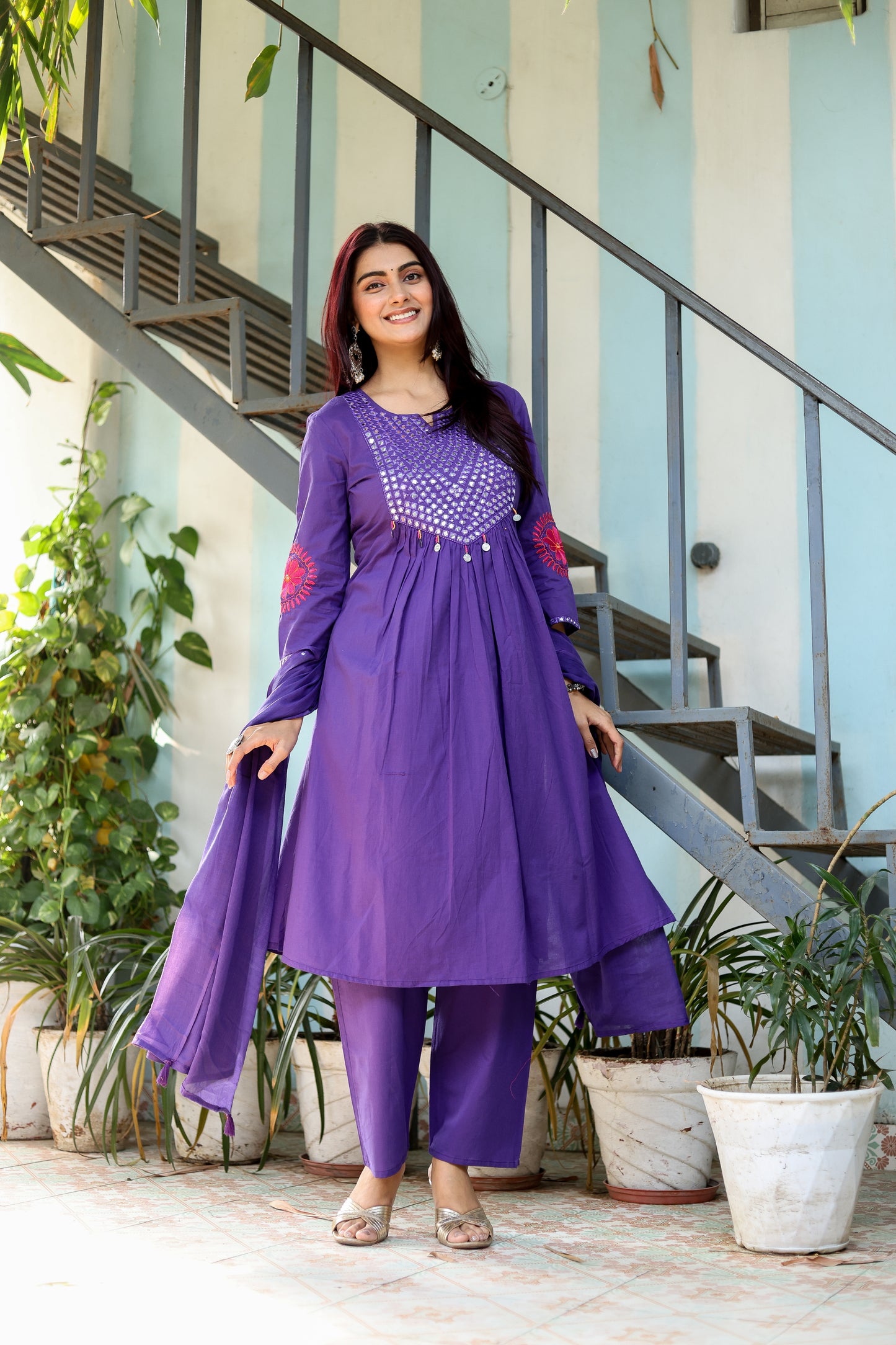 Wedding Guest Ensemble: Purple Elegant Mirrorwork Kurti, Pants, and Dupatta Set for Women