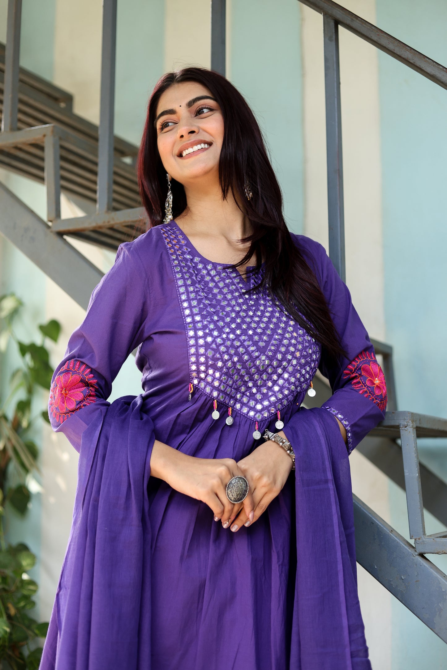 Wedding Guest Ensemble: Purple Elegant Mirrorwork Kurti, Pants, and Dupatta Set for Women