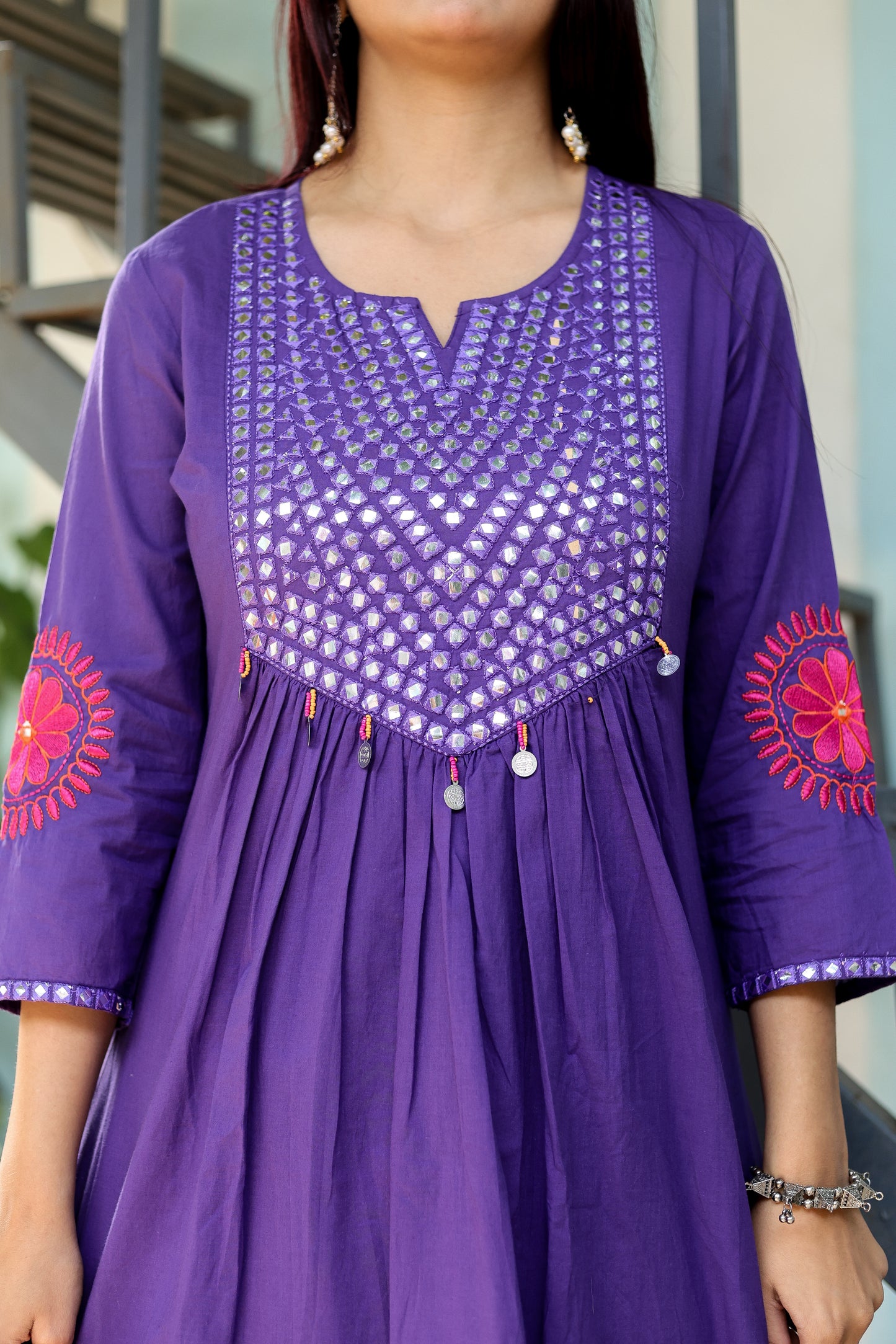 Wedding Guest Ensemble: Purple Elegant Mirrorwork Kurti, Pants, and Dupatta Set for Women