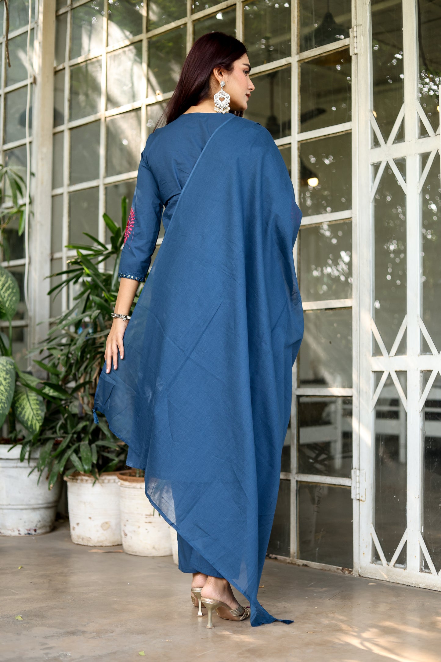 Wedding Guest Ensemble: Blue Elegant Mirrorwork Kurti, Pants, and Dupatta Set