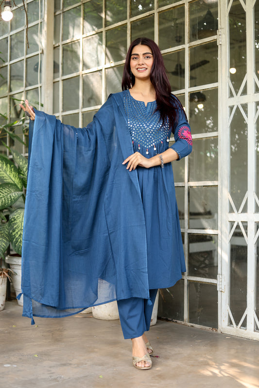 Wedding Guest Ensemble: Blue Elegant Mirrorwork Kurti, Pants, and Dupatta Set