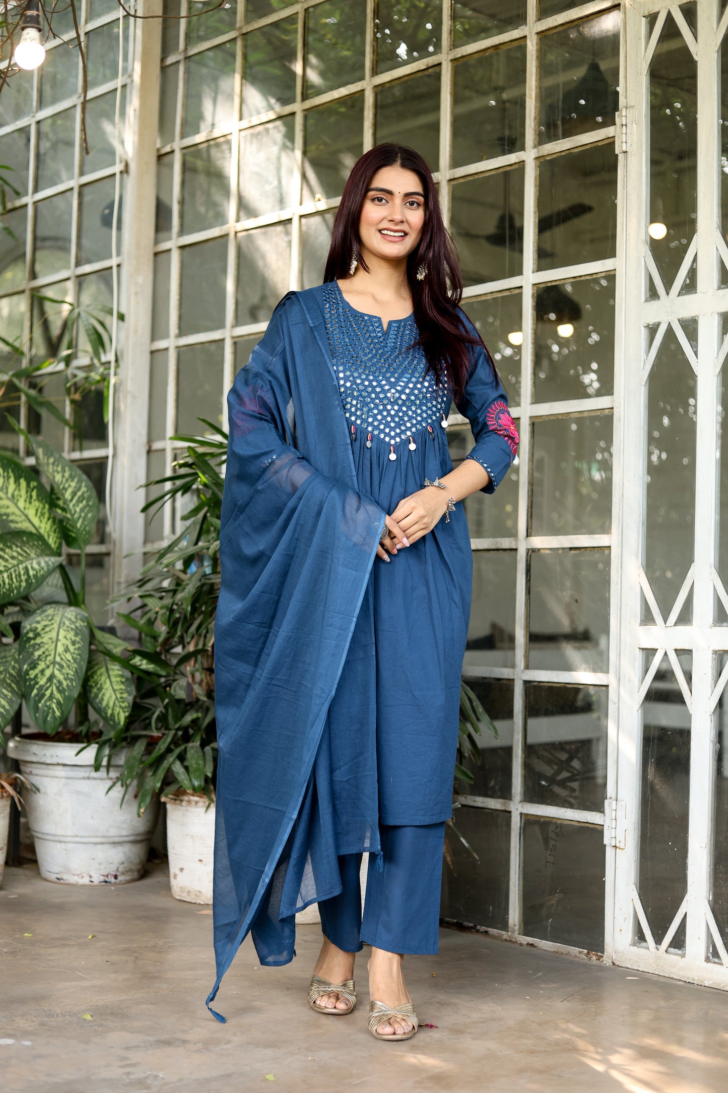 Wedding Guest Ensemble: Blue Elegant Mirrorwork Kurti, Pants, and Dupatta Set