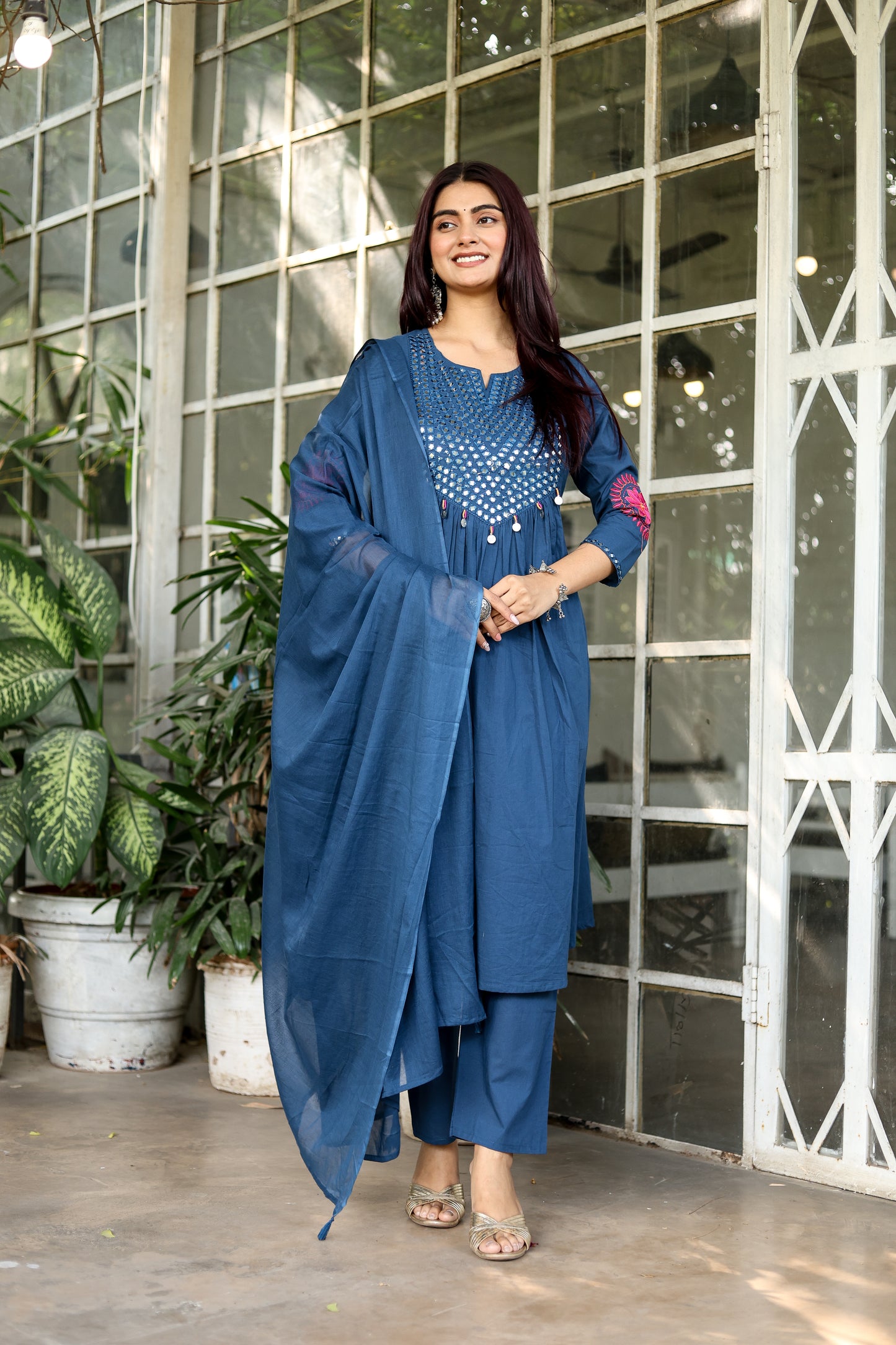 Wedding Guest Ensemble: Blue Elegant Mirrorwork Kurti, Pants, and Dupatta Set