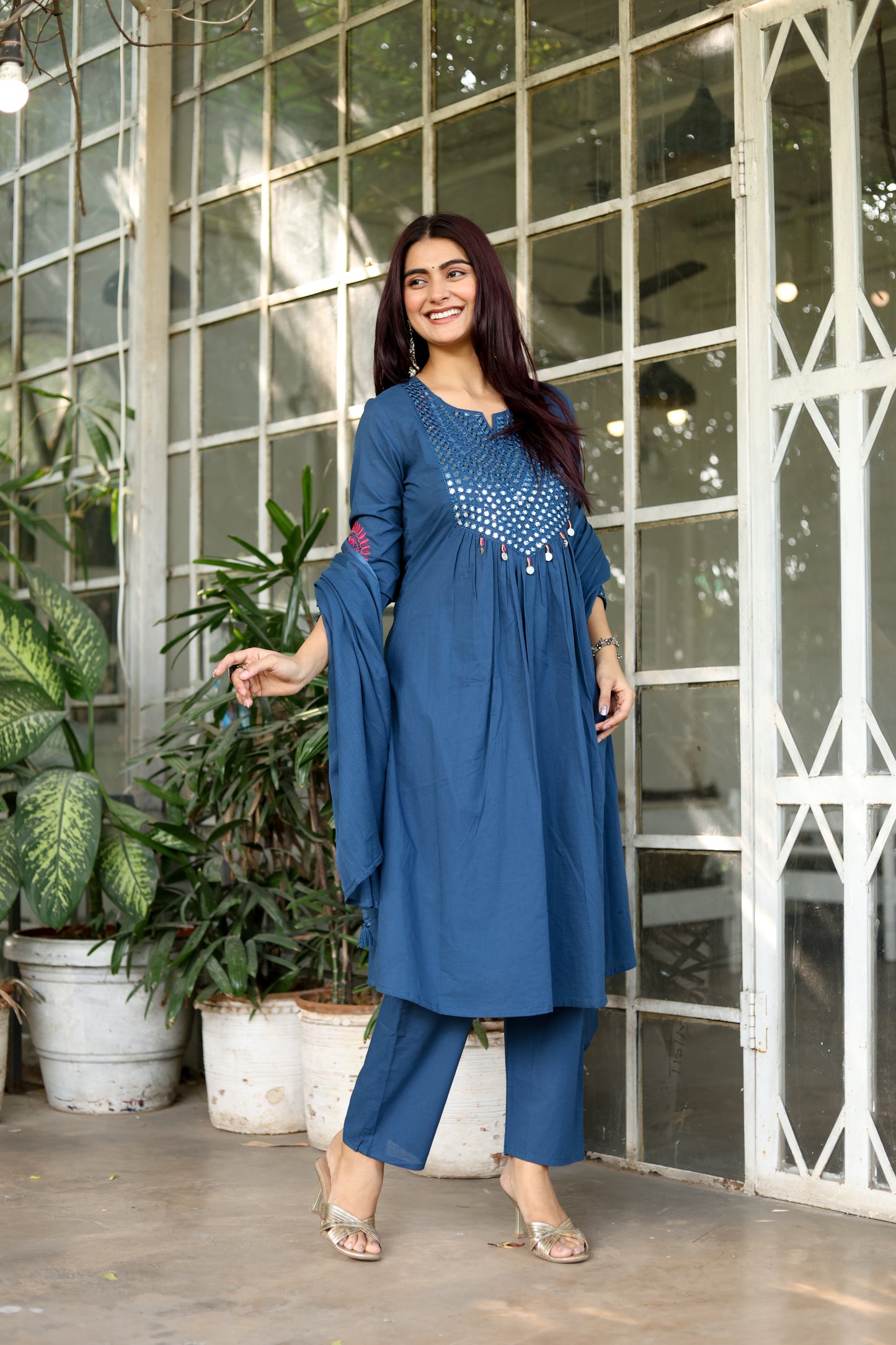 Wedding Guest Ensemble: Blue Elegant Mirrorwork Kurti, Pants, and Dupatta Set