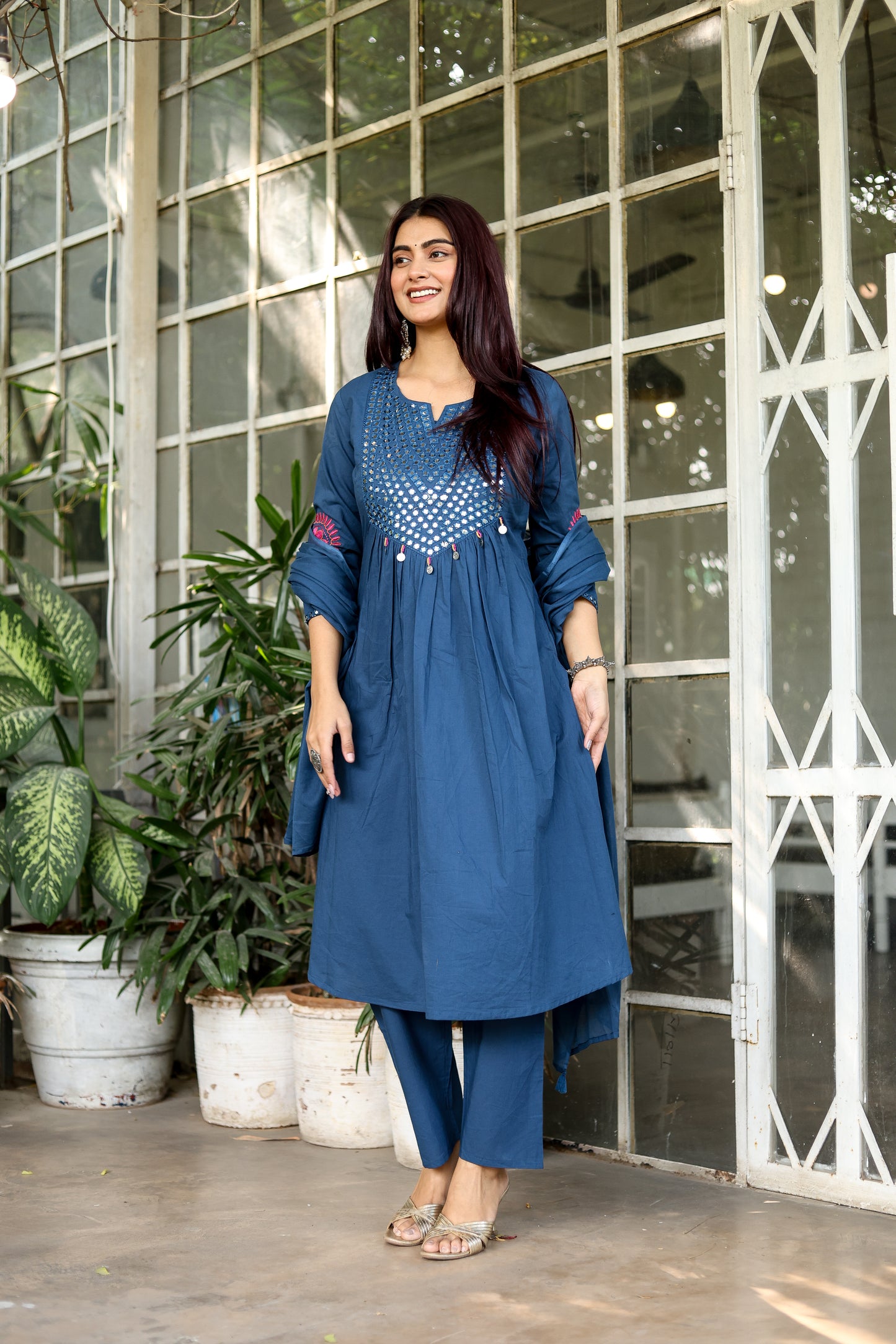 Wedding Guest Ensemble: Blue Elegant Mirrorwork Kurti, Pants, and Dupatta Set