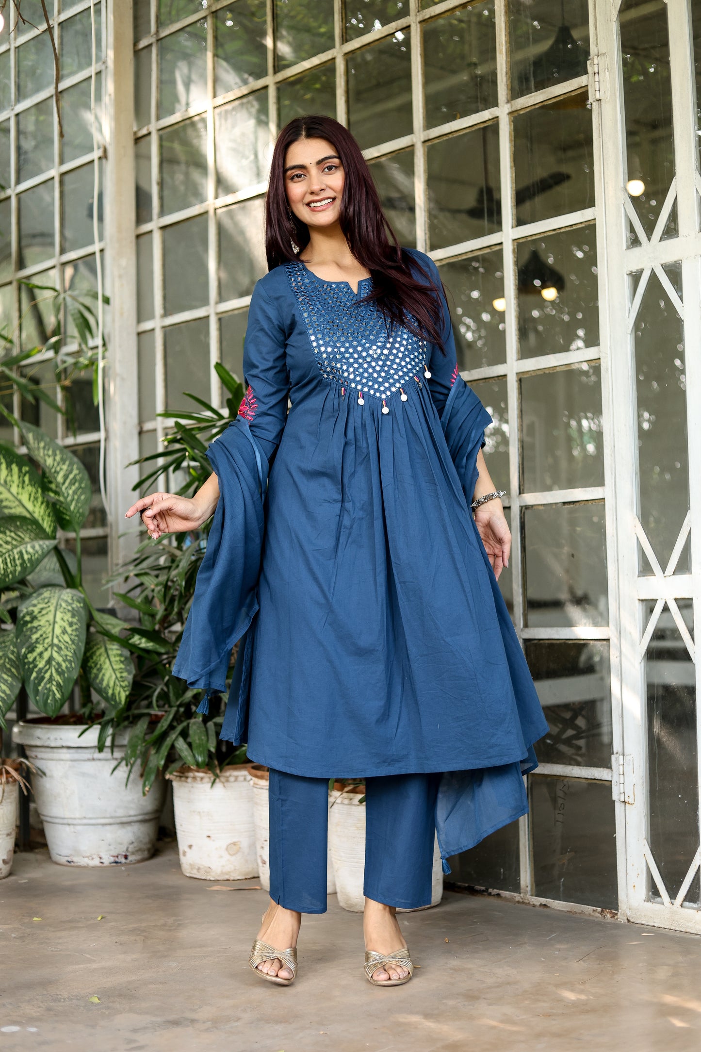 Wedding Guest Ensemble: Blue Elegant Mirrorwork Kurti, Pants, and Dupatta Set