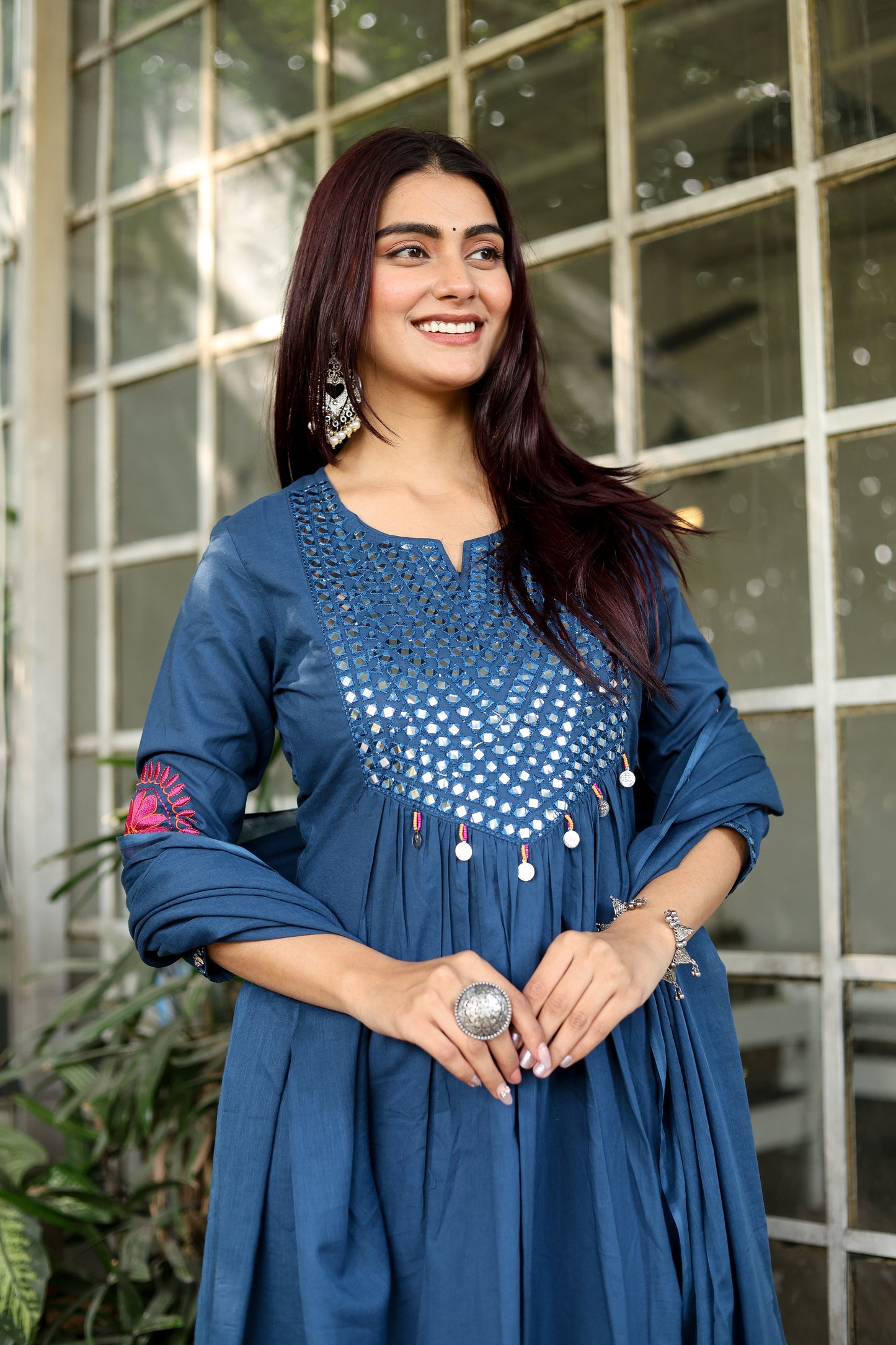 Wedding Guest Ensemble: Blue Elegant Mirrorwork Kurti, Pants, and Dupatta Set