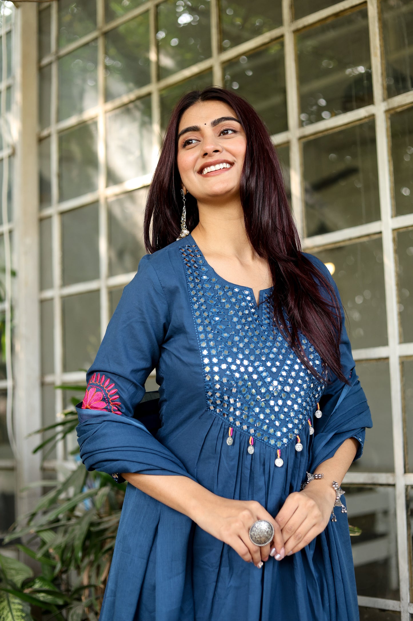 Wedding Guest Ensemble: Blue Elegant Mirrorwork Kurti, Pants, and Dupatta Set