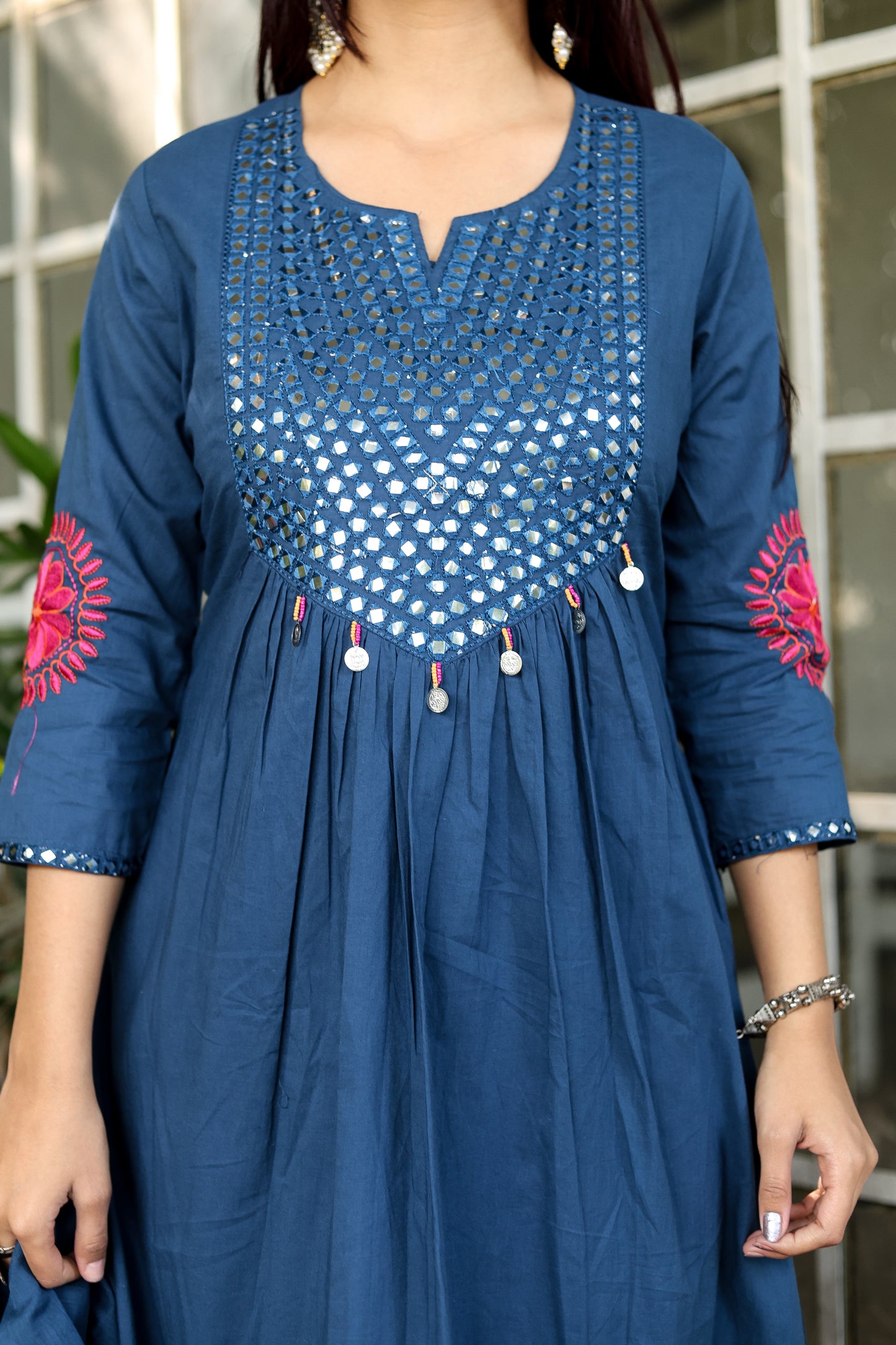 Wedding Guest Ensemble: Blue Elegant Mirrorwork Kurti, Pants, and Dupatta Set