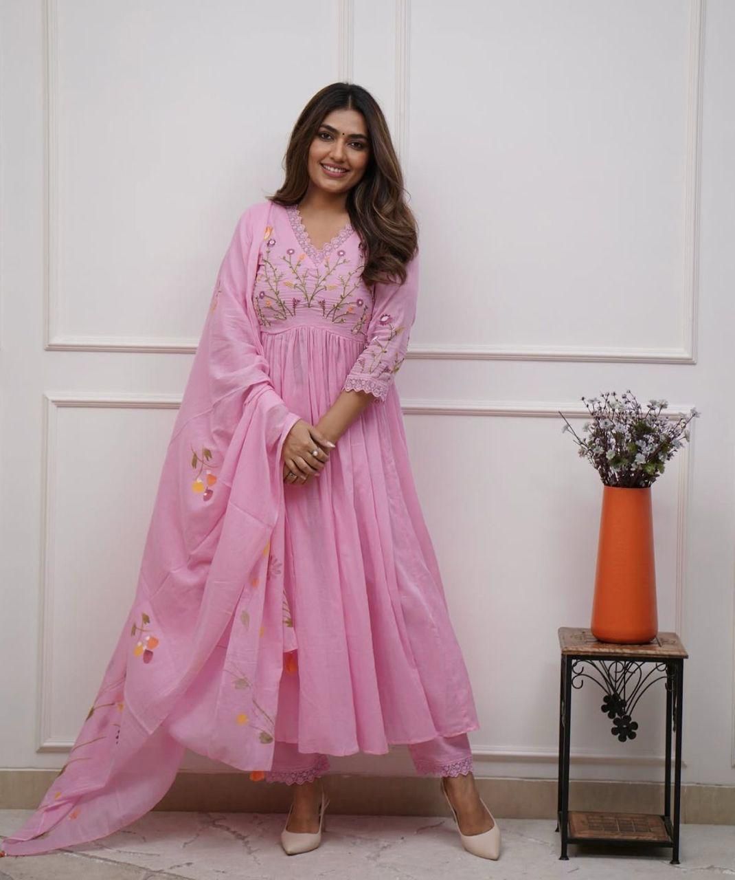 Women's Ethnic Wear: Brush Print Frock Kurta, Pant & Dupatta Combo